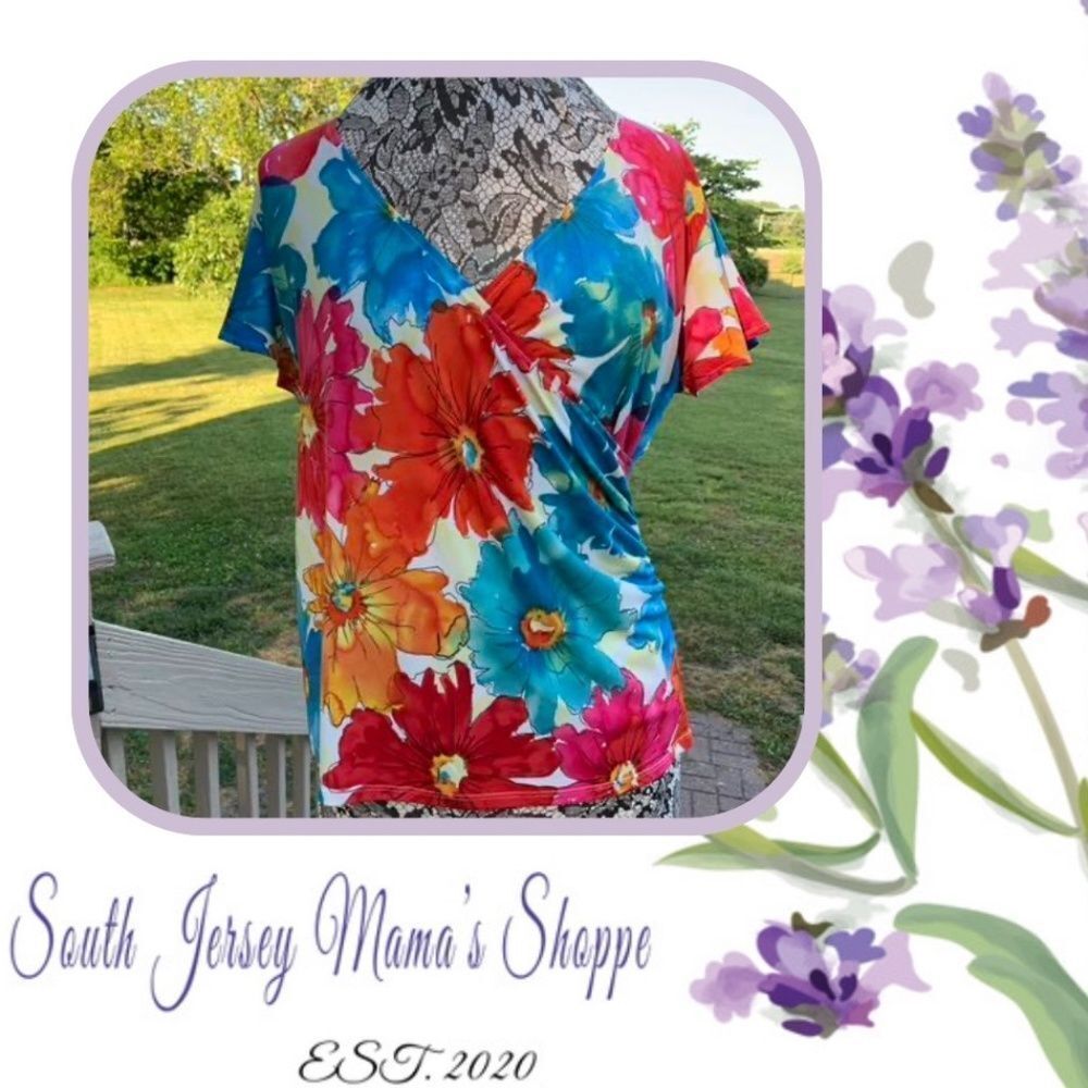 Rafaella Size L Short Sleeve Blue Orange  Red Pink Floral Blouse (C105)